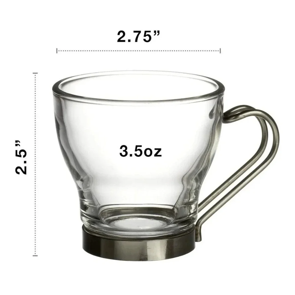 Bormioli Rocco Set 4 Glass Cappuccino Coffee Tea Cups Stainless Steel Handle